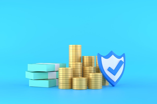 Foto icono de escudo de protección con fondo azul de seguro de ahorro financiero de billetes de monedas