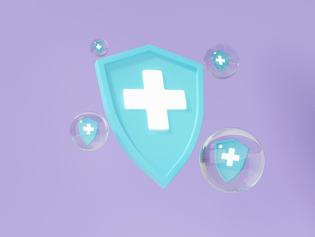 Icono de escudo de protección médica flotando sobre fondo púrpura Concepto de atención médica con seguridad proteger seguro sistema inmunológico ilustración 3d renderizado