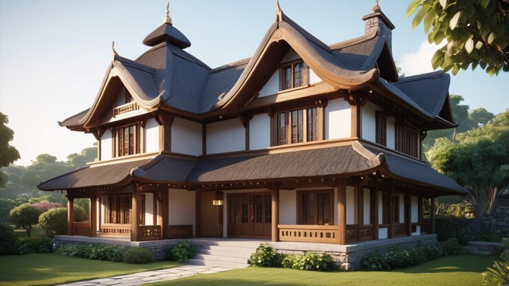 Icono esculpido en 3D de una casa tradicional con una intrincada arquitectura de madera