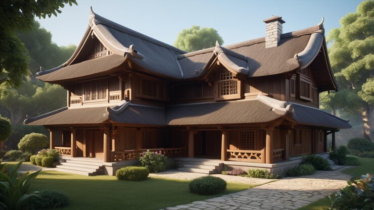 Icono esculpido en 3D de una casa tradicional con una intrincada arquitectura de madera