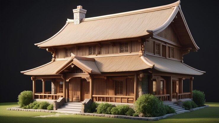 Icono esculpido en 3D de una casa tradicional con una intrincada arquitectura de madera