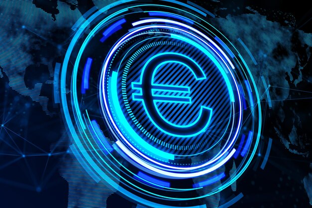 Icono de euro redondo brillante creativo y holograma de mapa sobre fondo oscuro Moneda financiera y tecnologías de negocios globales concepto Representación 3D
