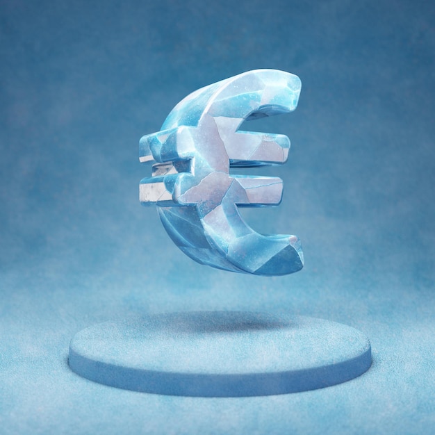 Icono de euro. Símbolo de euro de hielo azul agrietado en el podio de nieve azul. Icono de redes sociales para sitio web, presentación, elemento de plantilla de diseño. Render 3D.