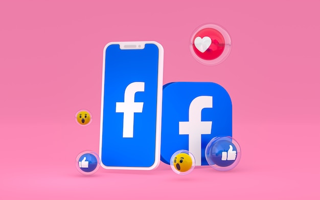 El icono de Facebook en la pantalla del teléfono inteligente y las reacciones de Facebook aman, guau, como emoji con espacio de copia