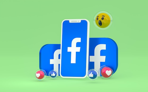 Foto icono de facebook en la pantalla del teléfono inteligente y reacciones de facebook aman, guau, como emoji