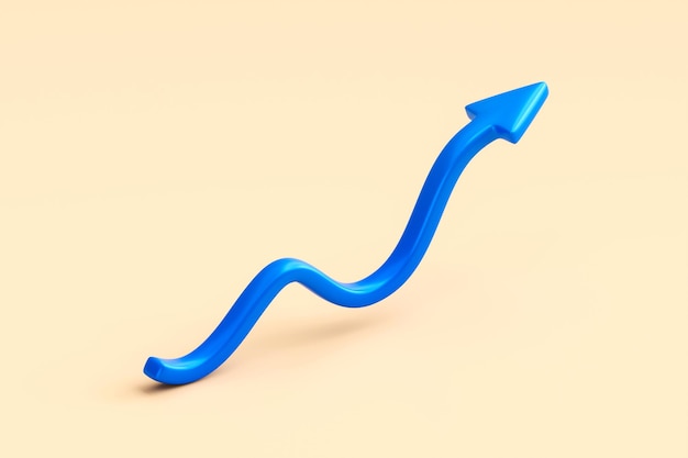 Icono de flecha hacia arriba de curva 3d azul aislado en el fondo en blanco del símbolo de dirección con concepto de negocio de objetivo de beneficio de gráfico de crecimiento o signo de navegación hacia adelante de éxito y desarrollo de aumento digital creativo