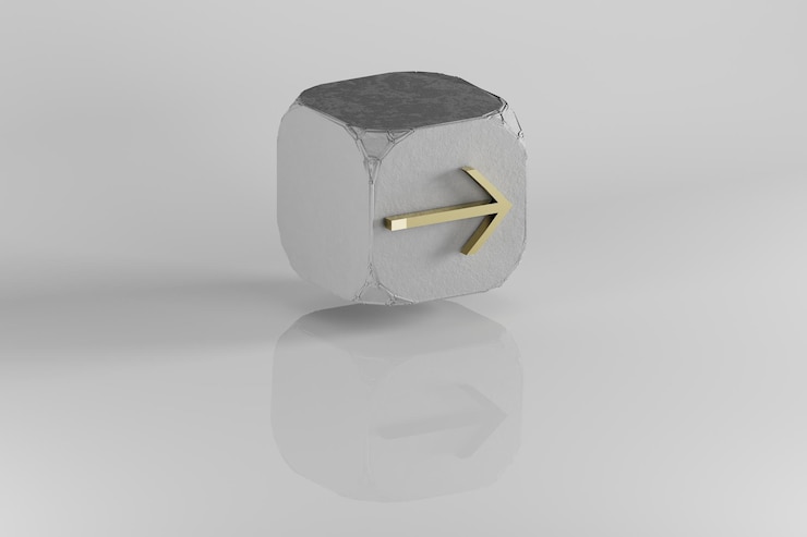 Foto ícono de flecha derecha símbolo de flecha dorada amarilla en cubo de piedra y fondo blanco renderización 3d de ilustración