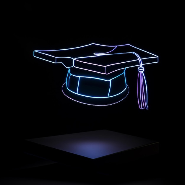 Un icono de gorra de graduación de neón en un fondo negro