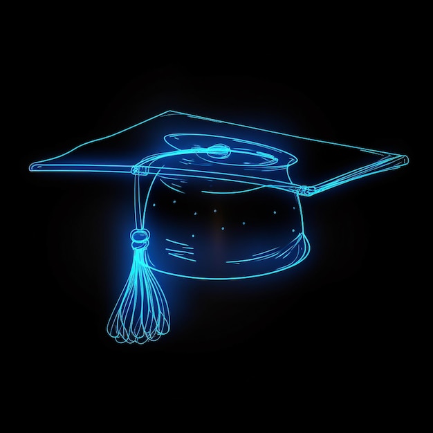 Un icono de gorra de graduación de neón en un fondo negro