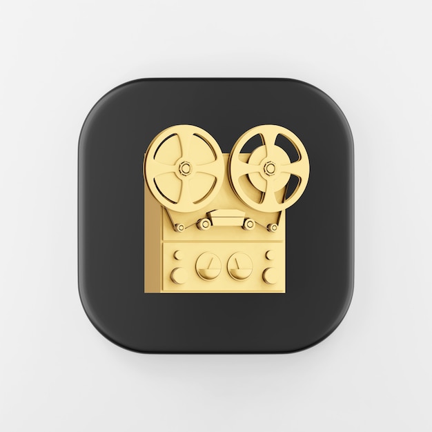 Icono de grabadora de carrete de oro. Representación 3D tecla de botón cuadrado negro, elemento de interfaz ui ux de interfaz.