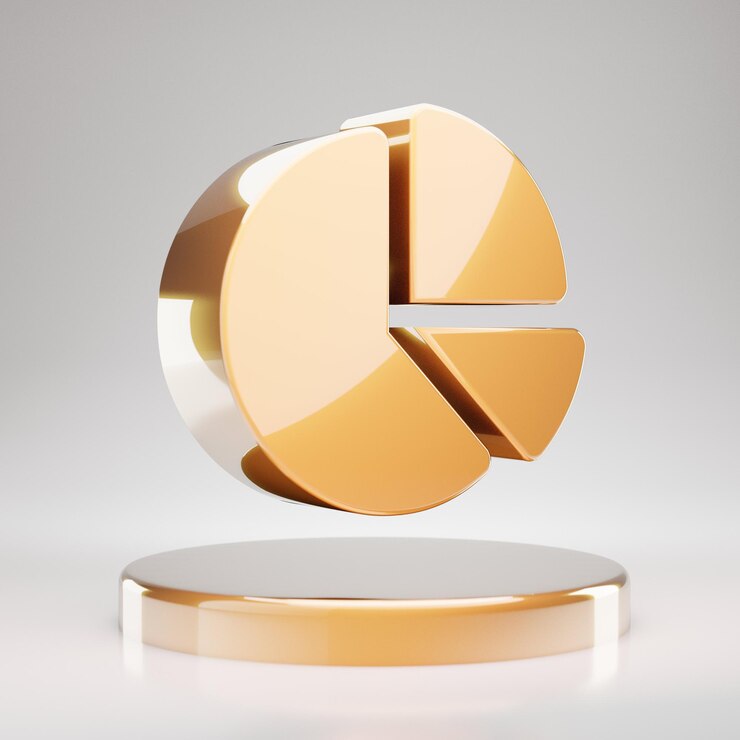 Foto icono de gráfico circular. símbolo de gráfico circular de oro amarillo en el podio dorado. 3d prestados icono de redes sociales.