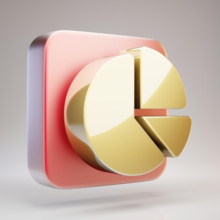 Foto icono de gráfico circular. símbolo de gráfico circular de oro sobre placa de oro rojo mate. 3d prestados icono de redes sociales.