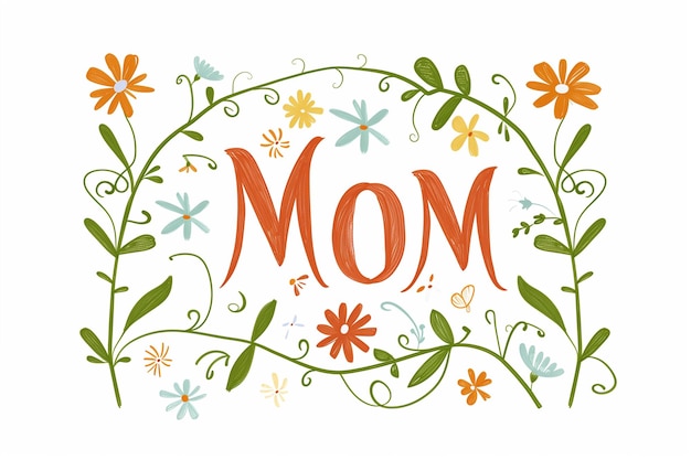 Foto icono gráfico vectorial de la palabra mom con vides de flores silvestres que se desplazan alrededor del texto