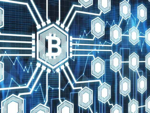 El ícono grande de bitcoin es el centro de una red de bitcoin. Fondo azul oscuro con gráficos. Concepto de criptomoneda