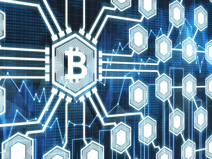Foto el ícono grande de bitcoin es el centro de una red de bitcoin. fondo azul oscuro con gráficos. concepto de criptomoneda