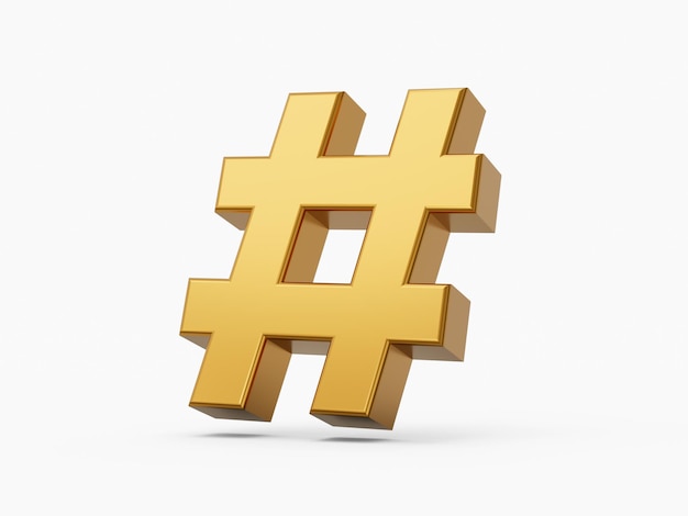 Icono de hashtag dorado aislado sobre fondo blanco Ilustración 3D