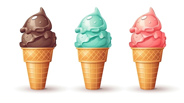 Icono de helado en cono de waffle Sabores de sorbete de fresa y pistacho de chocolate IA generativa