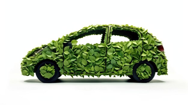 Foto icono de hoja verde de automóvil eléctrico sobre fondo blanco diseño conceptual de protección del medio ambiente