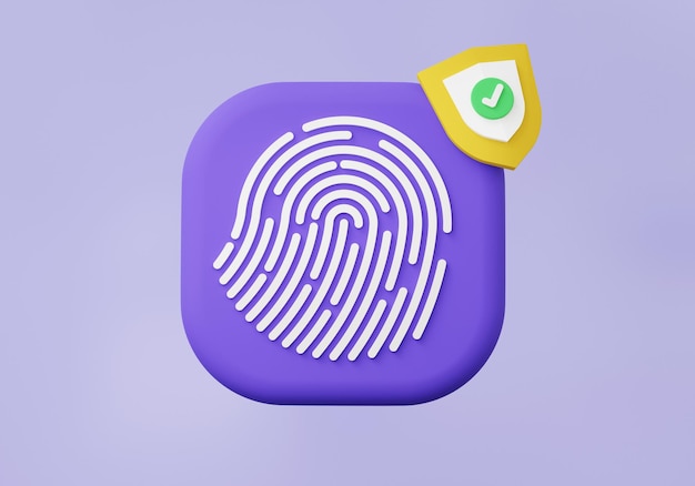 El icono de la huella dactilar del escudo de protección es correcto, la marca de comprobación está aprobada, desbloquear la seguridad cibernética, renderizado en 3D.
