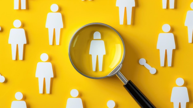 Icono humano dentro de una lupa sobre un fondo amarillo