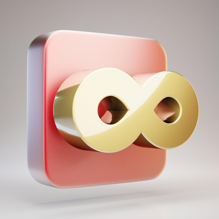 Foto icono de infinito. símbolo de infinito dorado sobre placa de oro rojo mate. 3d prestados icono de redes sociales.
