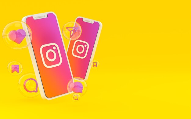 Icono de Instagram en la pantalla del teléfono inteligente o móvil e Instagram reacciones 3d render