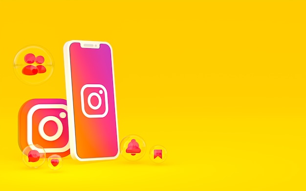 Icono de Instagram en la pantalla del teléfono inteligente o móvil e Instagram reacciones 3d render