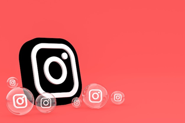 Icono de Instagram en la pantalla del teléfono inteligente o móvil y las reacciones de Instagram aman el render 3d sobre fondo rojo