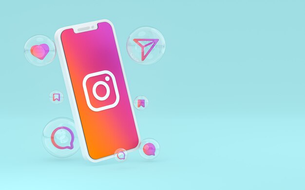 El icono de Instagram en la pantalla del teléfono inteligente o móvil y las reacciones de Instagram aman el render 3d