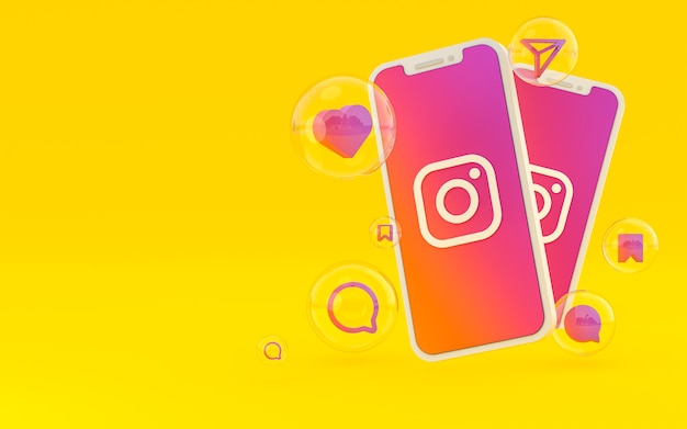 El icono de Instagram en la pantalla del teléfono inteligente o móvil y las reacciones de Instagram aman el render 3d