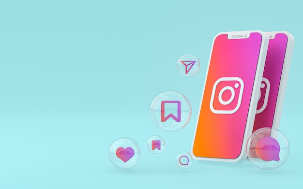 El icono de Instagram en la pantalla del teléfono inteligente o móvil y las reacciones de Instagram aman el render 3d