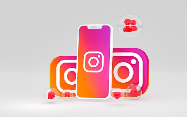 El icono de Instagram en la pantalla del teléfono inteligente o móvil y las reacciones de Instagram aman el render 3d