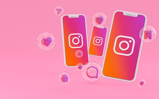 El icono de Instagram en la pantalla del teléfono inteligente o móvil y las reacciones de Instagram aman el render 3d