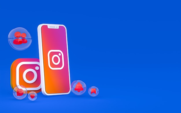 Icono de Instagram en la pantalla del teléfono inteligente o móvil y reacciones de Instagram aman el render 3d