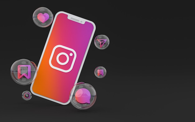 Icono de Instagram en la pantalla del teléfono inteligente o móvil y reacciones de Instagram amor render