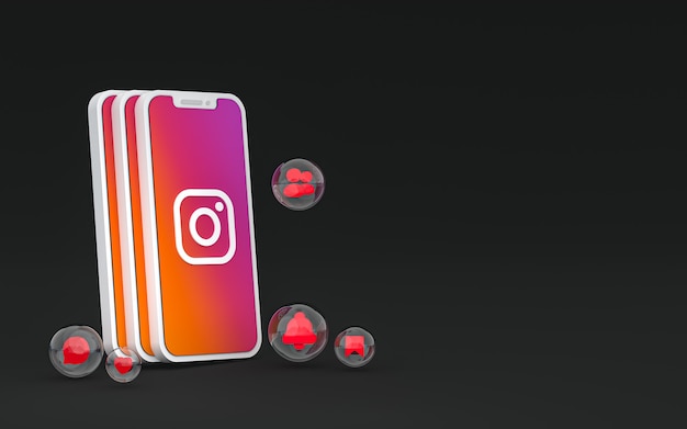 Icono de Instagram en la pantalla del teléfono inteligente o móvil y reacciones de Instagram amor render