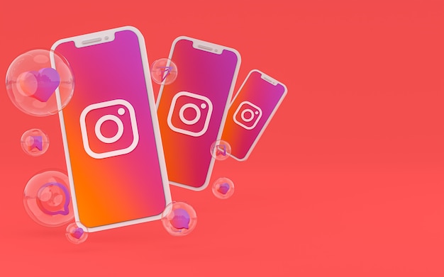 Icono de Instagram en la pantalla del teléfono inteligente o móvil y reacciones de Instagram amor render