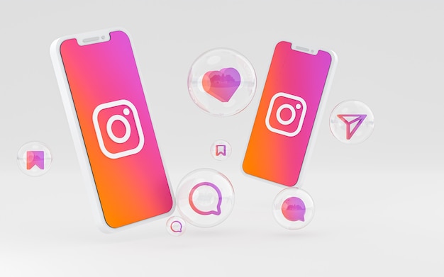 Icono de Instagram en la pantalla del teléfono inteligente o móvil y reacciones de Instagram amor render