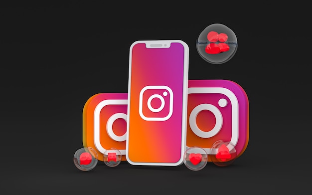 Icono de Instagram en la pantalla del teléfono inteligente o móvil y reacciones de Instagram amor render