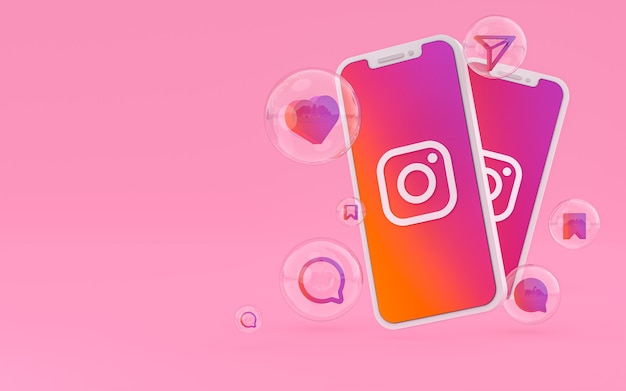 Icono de Instagram en la pantalla del teléfono inteligente o móvil y reacciones de Instagram amor render
