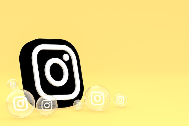 Icono de Instagram en la pantalla del teléfono inteligente o móvil y render 3d de Instagram sobre fondo amarillo