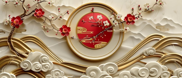 Un icono japonés moderno con flores de cerezo arbustos nubes flores bambú olas en rojo y oro para la celebración del Año Nuevo