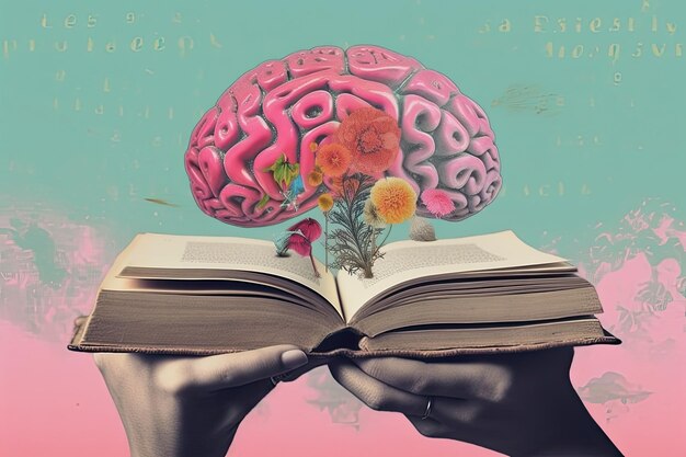 Foto icono de libro de mano con palabras dentro de la lectura del cerebro en medio de un póster de lienzo surrealista de estilo vintage colorido ia generativa
