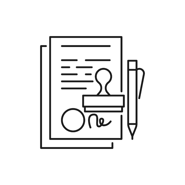 Icono de línea plana del acuerdo Documentos de papel con sello Sínodo lineal delgado para la contabilidad de servicios financieros legales