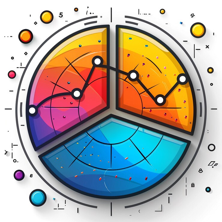Foto icono lineal colorido de un gráfico de pastel con puntos de datos analíticos y línea de tendencia