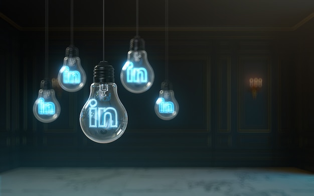 Foto icono de linkedin efecto de resplandor dentro de la bombilla de luz representación 3d fondo de cala premium para banner social