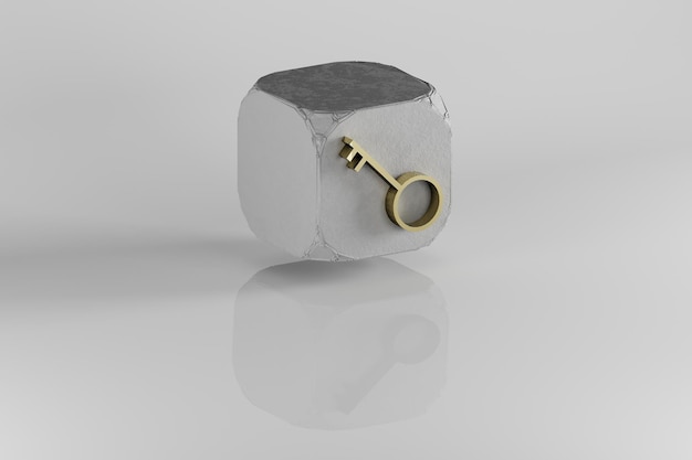 Foto Ícono de llave amarillo símbolo de llave dorado en cubo de piedra y fondo blanco ilustración de renderización 3d ba
