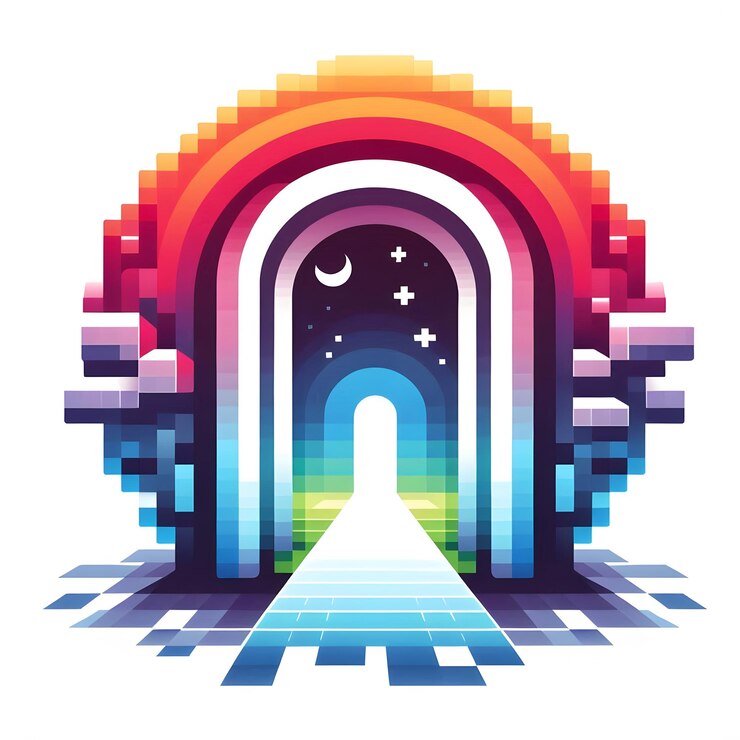 Foto icono lleno de gradiente de un portal o puerta que conduce a un mundo pixelado basado en voxels con colores vibrantes que se mezclan sin problemas de la realidad al espacio virtual en un fondo blanco brillante