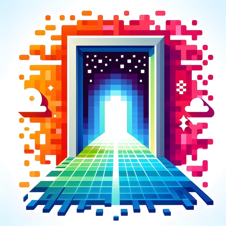 Foto icono lleno de gradiente de un portal o puerta que conduce a un mundo pixelado basado en voxels con colores vibrantes que se mezclan sin problemas de la realidad al espacio virtual en un fondo blanco brillante