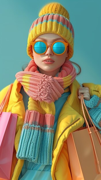 Foto icono de logotipo 3d de una persona satisfecha con bolsas de compras